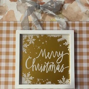 Merry Christmas Sparkle Wall Hanging Gold Face White Frame w/Silver Ribb…